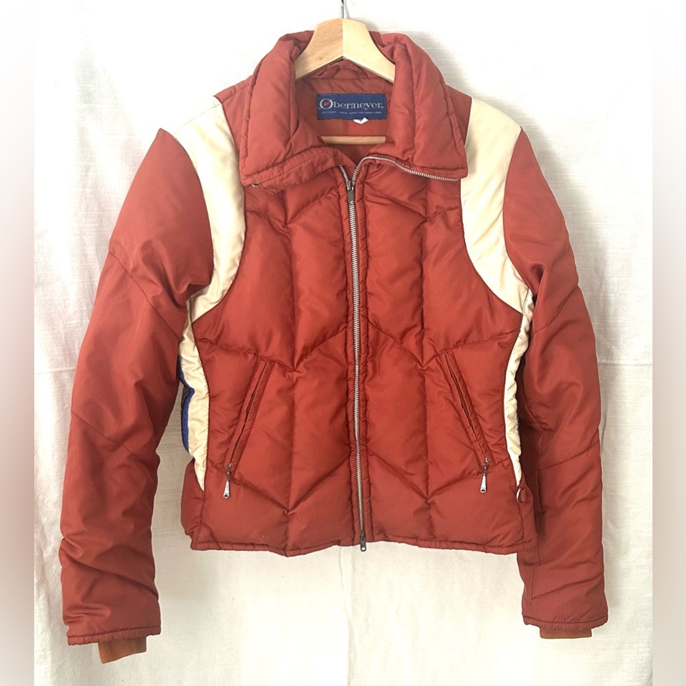 Vintage Retro 1970's Obermeyer Women's Rust and Cream Puffer Jacket cozy